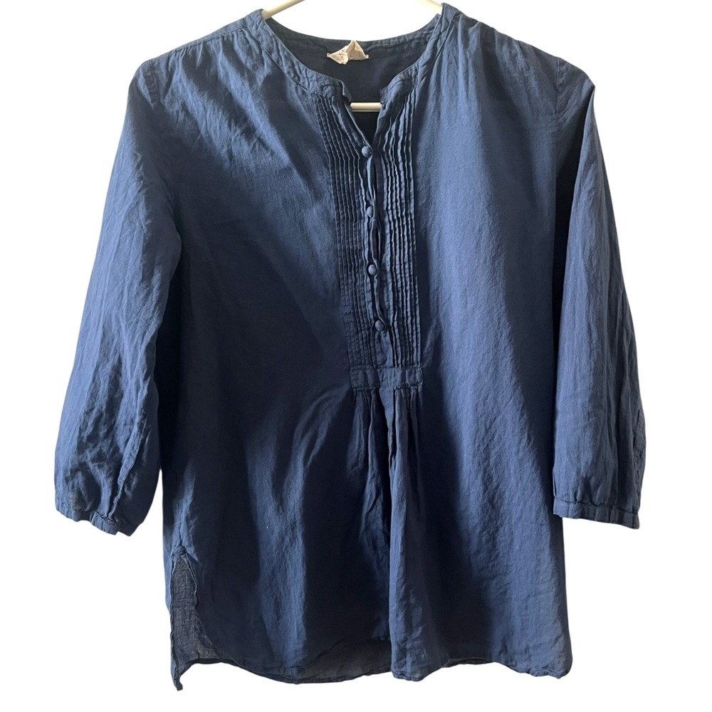 Anokhi Navy Blue Cotton Pintuck Tunic Top‎ Boho Henley 3/4 Sleeve Small Button